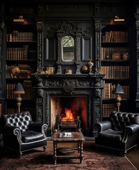 Gothic Victorian House, Dark Academia Interior, Library With Fireplace, Gothic Library, Gothic Mansion, Modern Penthouse, Gothic Interior, Victorian Interior, Dark Academia Decor