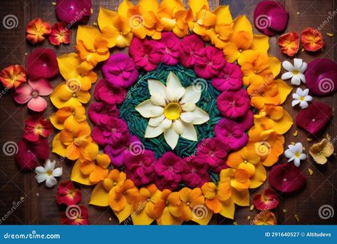 an overhead shot of colorful rangoli made with flower petals, created with generative ai AI generated Rangoli With Flowers Petals, Rangoli With Flowers, Colorful Rangoli, New Rangoli Designs, Flower Rangoli, Flowers Petals, Rangoli Designs, Flower Petals, Stock Images