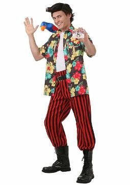 Ace Ventura Pet Detective Costume with Hawaiian shirt, striped pants and wig Ace Ventura Halloween Costume, 90s Inspired Halloween Costumes, Movie Character Cosplay, Costume With Wig, 90s Fancy Dress, Detective Costume, Ace Ventura Costume, Ace Ventura Pet Detective, 90s Halloween Costumes