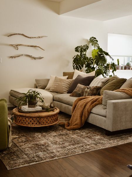 Mushroom Couch Living Rooms, Earthy Living Room Grey Sofa, Boho Couch Pillows Living Rooms, Earth Tone Couch Pillows, Earthy Couch Pillows, Euro Pillows On Couch, Earthy Tones Living Room Cozy, Boho With Grey Couch, Grey Sofa Living Room Ideas Boho