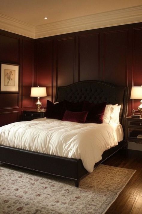 Maroon Walls Bedroom, Dark Maroon Bedroom, Maroon Room, Maroon Bedroom, Bedroom Aesthetic Dark, Maroon Walls, Dark Wood Bedroom Furniture, Burgundy Bedroom, Dorm Room Decor Ideas