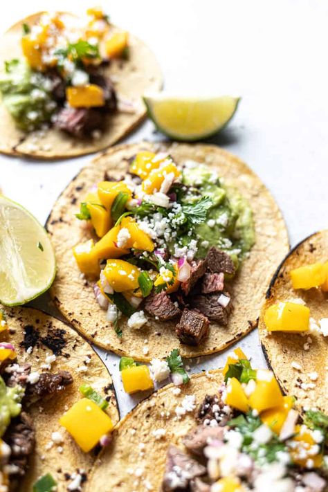 Sirloin Steak Tacos Steak And Guacamole, Sirloin Steak Tacos, Sirloin Steak Marinade, Mexican Steak, Female Foodie, Tacos With Mango Salsa, Creamy Guacamole, Sirloin Steak Recipes, Top Sirloin Steak