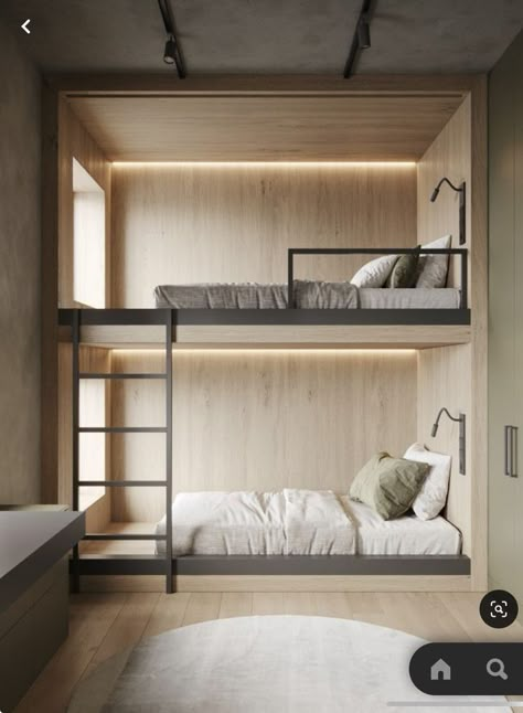 Modern Bunkbed Ideas, Bunk Bed Bedroom Design, Hotel Bunk Bed, Tiny Space Design, Bunk Bed Interior Design, Bunk Beds 2, Wooden Bunk Bed Design, Modern Built In Bunk Beds, Bunk Bed In Small Room