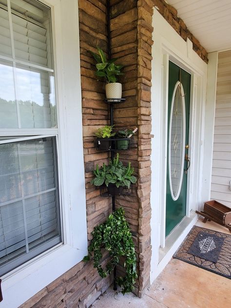 Front Porch Plant Stands, Diy Patio Plant Stand, Shower Shelf For Plants, Plant Stand Bathroom, Shower Caddy Plant Stand, Porch Decorating With Plants, Stand Up Shower Decor Ideas, Tension Pole Plant Stand, Apartment Yard Ideas