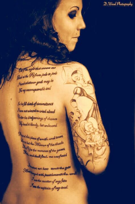 My Invictus Back poem, Alice in Wonderland Half Sleeve Invictus Poem Tattoo, Invictus Tattoo, Invictus Poem, Poem Tattoo, Dragonfly Tattoo Design, Human Canvas, Dragonfly Tattoo, Tat Ideas, Half Sleeve Tattoo