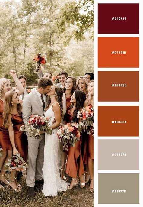 Brick Wedding Color Palette, Wedding Ideas Colour Schemes, Caramel Wedding Colors, Terracotta Maroon Wedding, Rust Red Color Palette Wedding, Terracotta Themed Wedding, Wedding Color Terracotta, Paprika Color Wedding, Terracotta Color Palette Wedding Fall