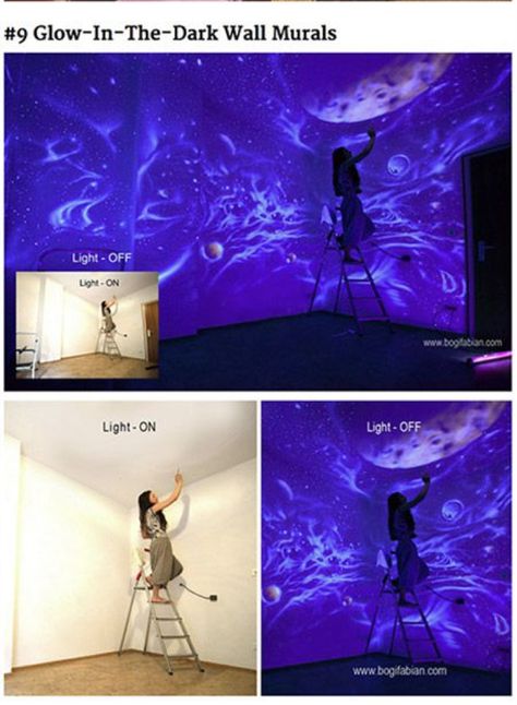 Fall Ceiling Ideas, Ceiling Ideas Bedroom, Glow In The Dark Room, Fall Ceiling, Dark Ceiling, Diy Glow, Glow Paint, Dark Paintings, Ceiling Murals