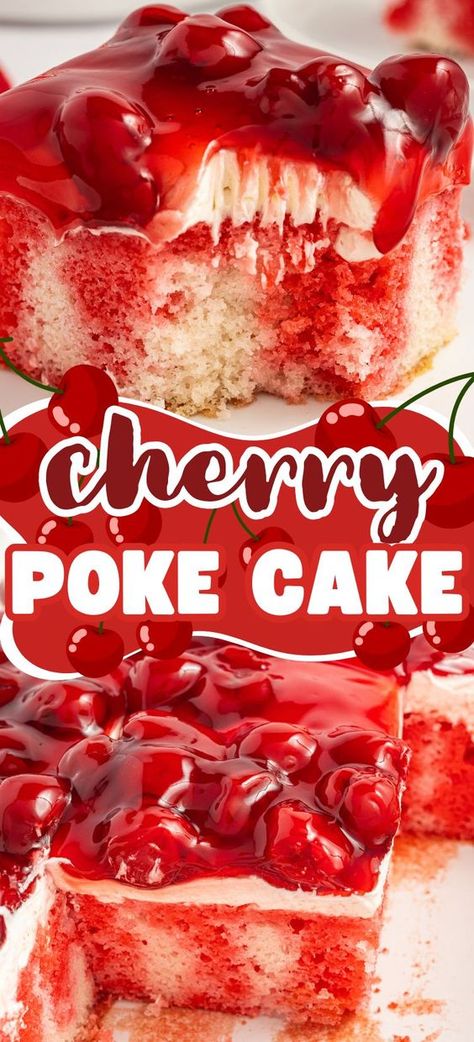 Cherry Poke Cake is a delightful dessert with fruity cherry flavor! Simple to make with a white cake mix, cherry jello that gets 'poked' into the cake, and topped with a cheesecake-like fluffy and creamy frosting. Cakes With Cherry Pie Filling, Cherry Poke Cake Recipes, Cherry Bundt Cake Recipes, Cherry Pie Cake Recipe, Cherry Poke Cake, Cherry Chip Cake Mix, Cherry Pineapple Dump Cake, Cherry Cake Recipe, Chef Cake