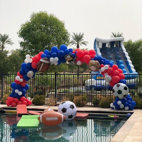 Football Pool Party, Pool Party Boys Birthday, Boys Pool Party Ideas, Pool Party For Boys, Indoor Pool Party, 8th Birthday Boy, Birthdays Themes, Boy Pool Party, Football Pool