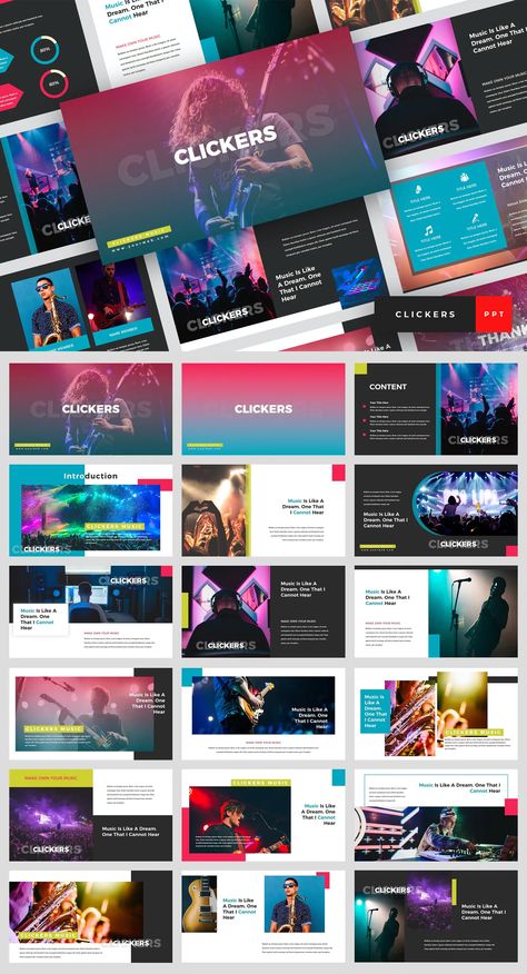 Music Band PowerPoint Design. 36 Slides Powerpoint Designs, Deck Inspiration, Design For Music, Leaflet Template, Ppt Template Design, Brochure Design Layout, Modern Presentation, Company Presentation, Deck Template