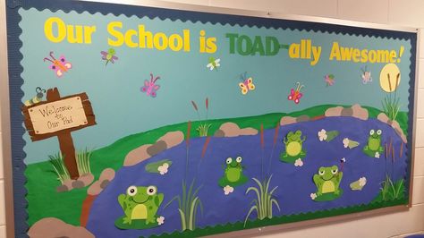 September bulletin board frogs Back to school bulletin board Frogs Pond Bulletin Board Ideas, Frog Theme Bulletin Board Ideas, Frog Themed Bulletin Boards, Pond Bulletin Board Preschool, Duck Bulletin Board Ideas, Frog Bulletin Board Ideas, Pond Bulletin Board, Turtle Bulletin Board, Animal Bulletin Board