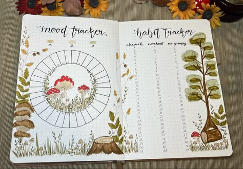 Mushroom Forest Bullet Journaling Mushroom Bullet Journal, Mood And Habit Tracker, Bullet Journal September, Boulet Journal, Bullet Journal Work, Bulletin Journal, Journal Inspiration Writing, Creating A Bullet Journal, Journal Idea