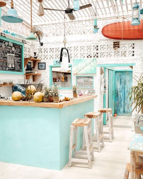 Seaside Cafe Design, Colourful Cafe Interior Design, Beach Themed Coffee Shop, Ocean Coffee Shop, Beach Coffee Bar, Surf Cafe Design, Surf Cafe Interior, Beachy Coffee Shop, Beach Cafe Interior