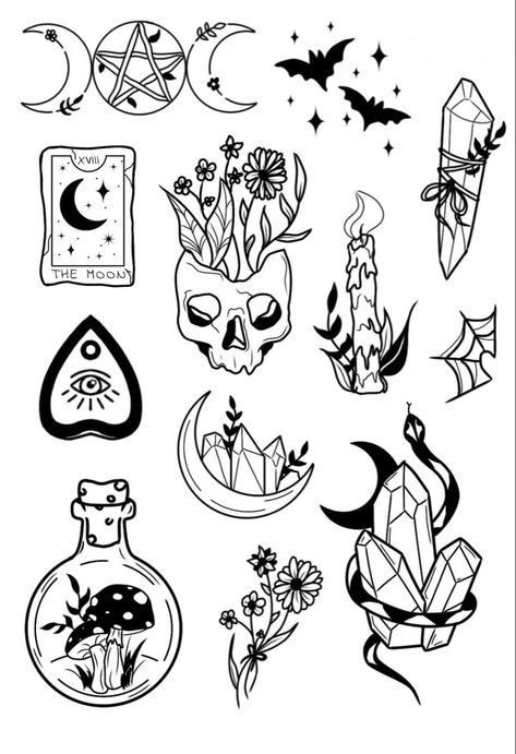 Spiritual Flash Tattoo, Witchy Line Drawings, Witchy Arm Tattoos For Women, Alternative Patchwork Tattoos, Whichy Vibes Tattoo, Gothic Small Tattoos, 1 Hour Tattoo Ideas, Witchy Traditional Tattoo, Shin Sleeve Tattoo