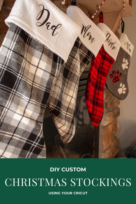 Custom Christmas Stockings - Welcome Labels Cricut, Cricut Labels, Diy Christmas Stockings, Christmas Decor Diy Cheap, Christmas Stockings Sewing, Flannel Christmas, Cricut Projects Easy, Stockings With Names, Diy Stockings