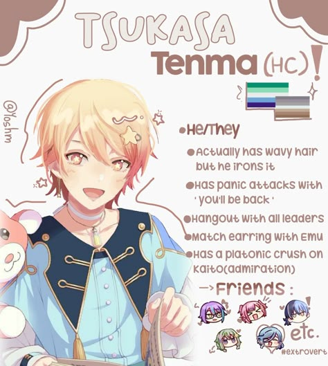 Prsk Headcanons, Project Sekai Redesign, Tsukasa Tenma Kinnie Bingo, Tsukasa Tenma Headcanons, Tsukasa Headcanons, Female Tsukasa Tenma, Fem Tsukasa Tenma, Pjsekai Headcanons, Colorful Stage Tsukasa