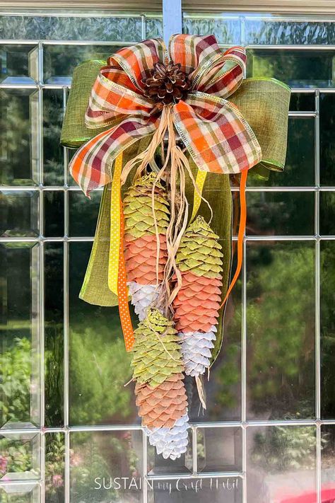 Pine Cone Candy Cane, Corn Decorations, Pinecone Ideas, Diy Candy Corn, Autumn Items, Fall Mailbox, Bow With Ribbon, Corn Decor, Crafts Upcycling