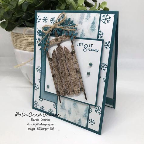 Sophisticated Sled – Easy Card Design #2 – Jumping Into Stamping Snow Christmas Cards, Craft Box Subscription, Christmas Sled, Christmas Papers, Luge, Christmas Sleigh, Stampin Up Christmas, Diy Christmas Cards, Christmas Holiday Cards