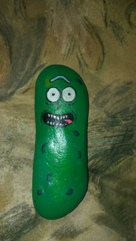 Pickle rick painted rock! Rock Painting Pickle, Pickle Rick Rock Painting, Pickle Rock Painting Ideas, Pickle Painted Rock, Pickle Rick Painting, Pickle Painting, Pocket Rocks, Pickle Rick, Diy Rock Art