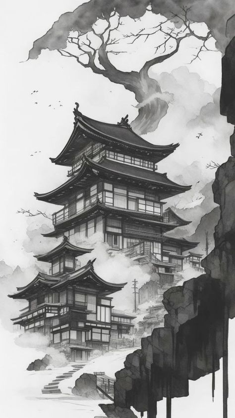 Fallen Samurai Tattoo, Japanese Landscape Tattoo Design, Japanese Castle Tattoo, Japanese Tattoo Sleeve Men, Japanese Pagoda Drawing, Feminine Tattoos Back, Japanese House Tattoo, Japanese Tower Tattoo, Tori Gate Tattoo