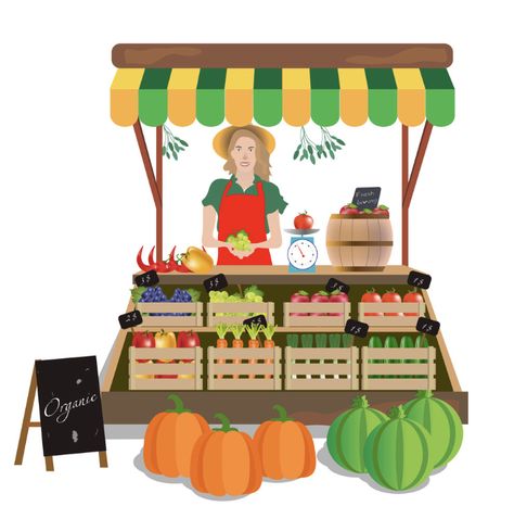 Happy smiling farmer local seller character standing near his shop store and sell fruits and vegetables. Farm agriculture concept. Vector flat cartoon design graphic banner illustration Vegetables Farm, Banner Illustration, Fruit Shop, Local Shop, Vector Drawing, Childrens Illustrations, Cartoon Design, Fruits And Vegetables, Farmer