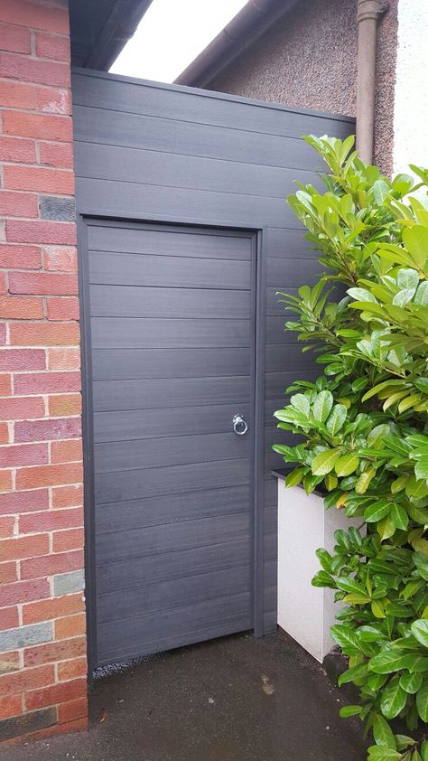 Composite TnG Cladding in Argent WPC Gate Side Return Shed, Alley Shed Ideas, Side Alley Shed, Covered Side Passage, Porch Cladding, Exterior Siding Options, Backyard Storage Sheds, Side Entrance, West Facing Garden