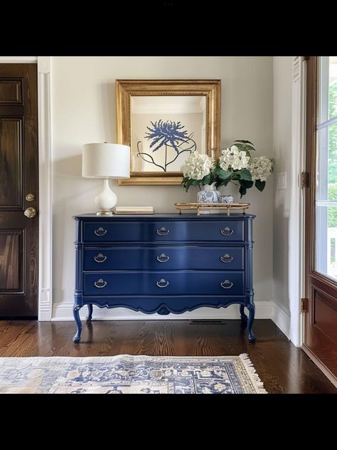 Floating Nightstand Ideas, Modern Floating Nightstand, Navy Furniture, Houses Inside, Nightstand Ideas, Revamp Furniture, Blue Dresser, Entry Decor, Furniture Painting Techniques