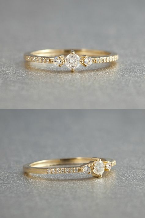 Tastefully delicate engagement ring. Three small, beautiful diamonds flanked by a row of pave accents. Low profile, elegant and feminine! Trendy Wedding Rings, Small Wedding Rings, Small Engagement Rings, Big Wedding Rings, Wedding Ring Cushion, Delicate Engagement Ring, Celtic Engagement Rings, Emerald Cut Diamond Engagement Ring, Celtic Wedding Rings