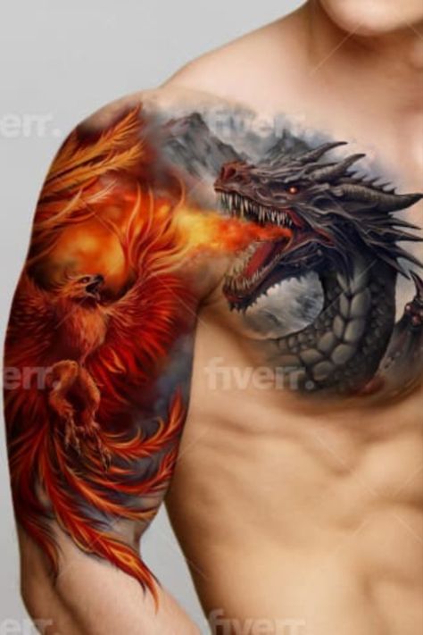 This tattoo is a stunning and impressive piece of art that will show your strength and balance. A phoenix and dragon tattoo on a man's shoulder is a meaningful and symbolic design that expresses your love, harmony and unity. The tattoo is perfect for anyone who loves phoenixes, dragons or just wants to get an awesome tattoo. According to Chinese mythology, the phoenix and the dragon are the highest manifestations of Yin-Yang and the perfect feng shui. Phoenix And Dragon Tattoo, Phoenix Tattoo Men, Phoenix Tattoo Sleeve, Skull Couple Tattoo, Dragon Tattoo Shoulder, Tato Phoenix, Phoenix And Dragon, Japanese Phoenix Tattoo, Phoenix Tattoo For Men