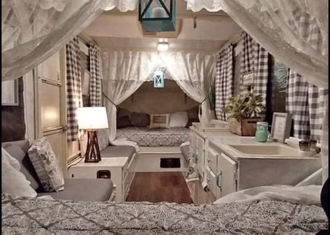 Glamper Camper Interior, Neutral Camper Interior, Pop Up Camper Kitchen Ideas, Tent Trailer Decor, Camper Decorating Ideas Outdoors, Pop Up Interior Design, Bonair Tent Trailer Remodel, Pop Up Camper Remodel Color Schemes Boho, Living In A Pop Up Camper Full Time