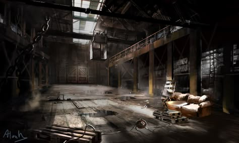 interior industrial facility / main warehouse, Alon Dagan on ArtStation at https://www.artstation.com/artwork/P4633 Fur Coat Plus Size, Warehouse Interior, Environment Projects, Abandoned Warehouse, Interior Industrial, Abandoned Factory, Apocalypse Aesthetic, The Birdcage, Coat Plus Size