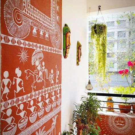 Beautiful balcony Backyard Wall Painting Ideas, Warli Art Paintings On Wall, Terrace Wall Painting Ideas, Balcony Painting Ideas, Warli Painting Ideas On Wall, Balcony Wall Painting, Balcony Wall Painting Ideas, Pillar Painting Ideas, Wall Painting Ideas Indian