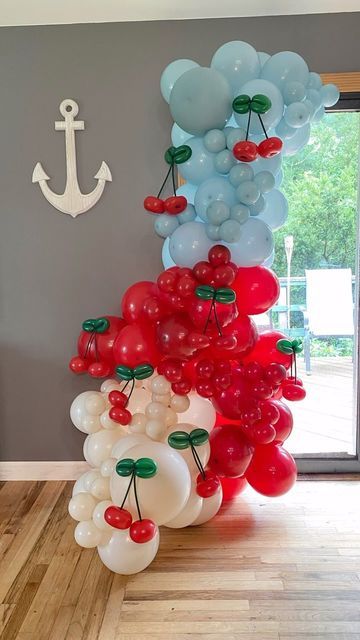 JAELA’S  CREATION on Instagram: "Love this theme 🍒 and so did my client for her pool party. I created this garland to go.   10ft garland-$200   #balloons #party #birthday #cherry🍒 #eventplanner #balloondecor #babyshower #poolparty #balloongarland #fun #cherryontop #balloon #balloonarch #birthdayparty #balloonart #newyork #happy #celebration #cake #wedding #decor #flowers #nyc #events #art #birthdaygirl #longisland #family #cherryballoon #partyplanner" Red Gender Reveal Party, Cherry Balloon Garland, Cherry Bday Theme, Cherry Birthday Theme, Cherry Party Ideas, Cherry First Birthday Party, Cherry Party Decorations, Cherry Balloons, Cherry Themed Party