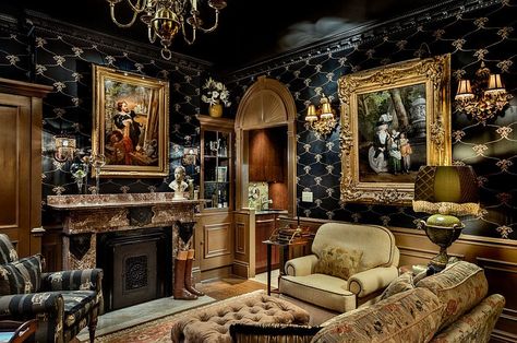 Brilliant living room with black gold and ornate design Feast for the Senses: 25 Vivacious Victorian Living Rooms Victorian Style Living Room, Modern Victorian Decor, Castle Life, Black And Gold Living Room, Castle Interiors, Victorian Interior Design, Gold Living Room Decor, Gothic Interior, Victorian Living Room