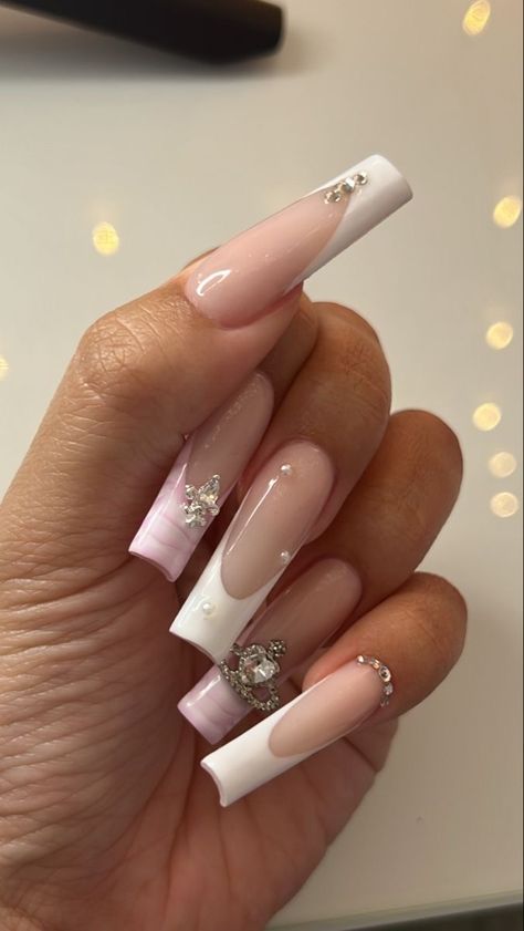 Long French Tip Designs, Everyday Nail Ideas, Spring Nail Sets Square, Taper Square Nails, Planet Charm Nails, Nails Acrylic Square Medium, Nail Design With Gems, Acrylic Nails Gems, Nail Inspo Long Square