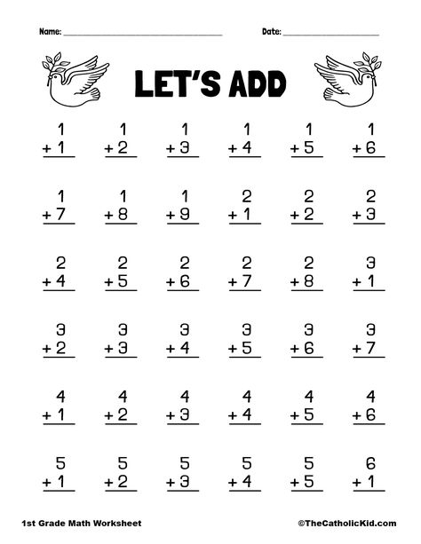 Let's Add - 1st Grade Math Worksheet Catholic Dove Themed Math Practice Worksheets 1st Grade, 1st Grader Worksheet, 1st Grade Spelling Worksheets, 1st Grade Test Worksheets, Minute Math Worksheets 1st Grade, Homeschool Math 1st Grade, Math Activity Sheets For Grade 1, Grade 1 Worksheets Math, Back To School Worksheets 2nd Grade