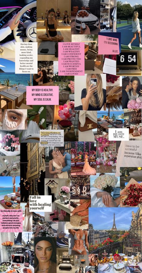 2023 vision board aesthetic 2024 Vision Board Pictures Career, 2024 Vision Board Colorful, Vison Boards Ideas 2023, Manifestation Wallpapers, Teen Vision Board, Pinterest Vision Board, Vision Board Aesthetic, Creative Vision Boards, 2023 Vision Board