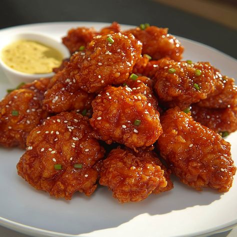 Korean Fried Chicken Aesthetic, Fried Chicken Aesthetic, Korean Fried Chicken Recipe, Chicken Aesthetic, Korean Chili Paste, Pickled Radishes, Fried Chicken Recipe, Spicy Korean, Korean Fried Chicken