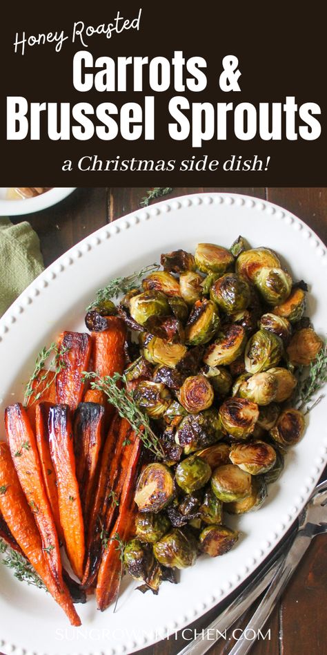 A platter of roasted carrots and Brussel sprouts for the holidays! Roasted Carrots And Brussel Sprouts, Carrots And Brussel Sprouts, Honey Roasted Brussel Sprouts, Honey Balsamic Brussel Sprouts, Thanksgiving Brussel Sprouts, Balsamic Glaze Brussel Sprouts, Brussel Sprout Side Dish, Honey Brussel Sprouts, Balsamic Carrots