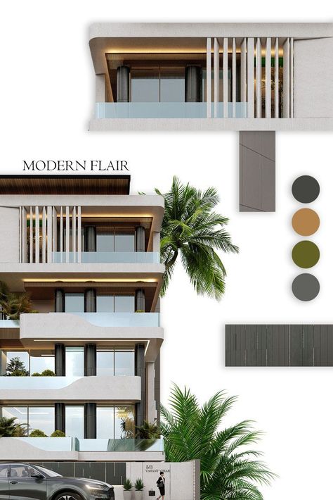 3D HOME BEAUTY FRONT ELEVATION IDEAS Colour Palette For Exterior Of House, Modern House Color Palette Exterior, Facade Color Palette, Colour Palette For Architecture Sheets, Clinic Facade Design, Architecture Color Palette, Residence Facade, Hotel Elevation, 3d Front Elevation