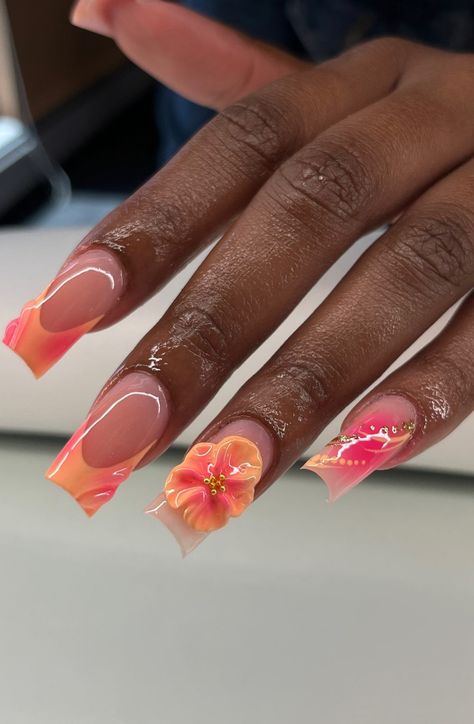 Nail Inspo Summer Square Short, Hibiscus Flower Nails Orange And Pink, Medium Colorful Nails, Short Acrylic Nails Tropical, Summer Acrylic Nails Colorful, Nail Ideas With Flowers Art Designs, Colorful 3d Flowers Nails, Vacation Nails With Flowers, French Nails With A Flower