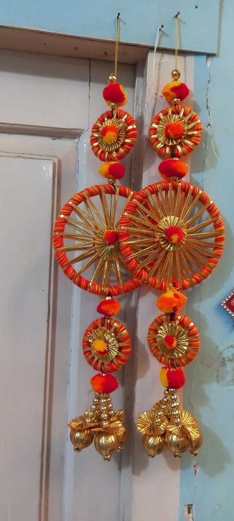 Diwali Decorations At Home Diy, Crochet Potli Bag, Diwali Decoration Lights, Wool Crafts Diy, Diwali Diya Decoration, Shubh Labh, Door Hanging Decorations, Diwali Decorations At Home, Diwali Decoration Items