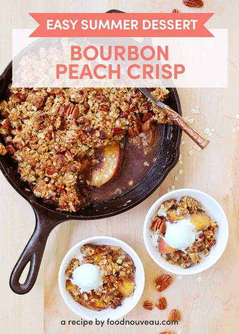 This aromatic Bourbon Peach Crisp combines classic southern ingredients to produce a dessert that marries jammy fruits and a crunchy topping. Peach Bourbon, Pecan Rolls, Custard Desserts, Peach Crisp, Fruit Crisp, Peach Desserts, Peach Juice, Easy Summer Desserts, Vanilla Greek Yogurt