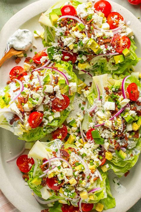 My take on the classic American restaurant salad is this BLT Wedge Salad Recipe! This perfect salad is packed with fresh produce, crisp bacon, and cheese crumbles served over crisp lettuce and topped with a high protein, mind-blowing dressing that brings it all together! High Protein Ranch, Cottage Cheese Ranch Dressing, Wedge Salad Recipe, Protein Ranch, Perfect Blt, Wedge Salad Recipes, Lettuce Wedge, Restaurant Salad, Blt Recipes