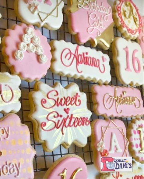 Sweet Dani’s Custom Birthday Cookies • Sweet 16 Pink Sweet 16 Cookies, Sweet 16 Cookie Ideas, Sweet 16 Cookies Decorated, Sweet 16 Birthday Cookies, 16 Birthday Cookies, Sweet 16 Sugar Cookies, 16th Birthday Cookies, Sweet Sixteen Cookies, Custom Birthday Cookies