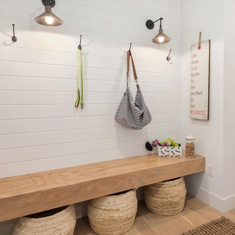 Small Mudroom Ideas With Solid Slab Wood Bench Seat Wood Bench Seat, Floating Bench, Small Mudroom Ideas, Mud Room Entry, Mudroom Ideas, Mudroom Decor, Mudroom Laundry Room, Mudroom Design, Mercer Island