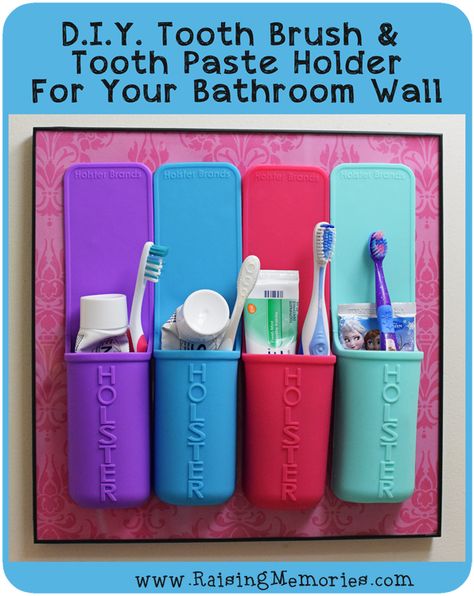 Easy D.I.Y. Hanging Tooth Brush & Tooth Paste Holder! Clear your counters and keep your tooth brushes organized! (Using Holster Brands Holsters) Half Bath Decor Ideas, Diy Toothbrush Holder, Diy Toothbrush, Kids Bathroom Girls, Bathroom Organizing, Tooth Brushes, Toothbrush Organization, Toothbrush And Toothpaste Holder, Diy Teething