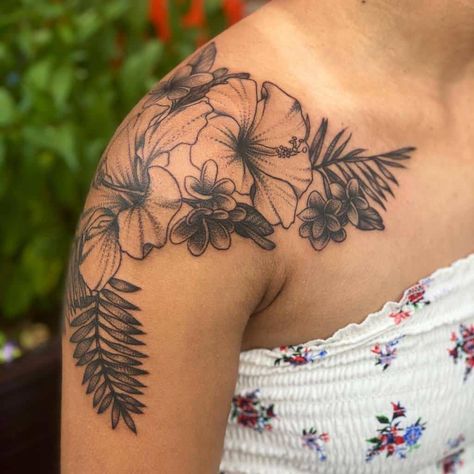 Top 61 Best Hawaiian Flower Tattoo Ideas - [2021 Inspiration Guide] Shoulder Tattoos For Women Hibiscus, Shoulder Hawaiian Tattoos For Women, Hawaiian Flower Mandala Tattoo, Hawaii Flowers Tattoo Design, Hawaiian Flower Shoulder Tattoo, Tropical Flower Shoulder Tattoo, Shoulder Tattoo Hibiscus, Hawaiian Flower Tattoos On Shoulder, Hibiscus Tattoo On Shoulder