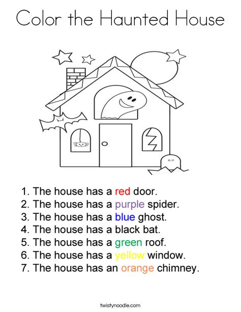 Color the Haunted House Coloring Page - Twisty Noodle Halloween English Activities, Haunted House Coloring Page, Haunted House Coloring, Prek Ideas, Halloween Lesson, Halloween Reading, Twisty Noodle, Halloween Worksheets, Homeschool Worksheets