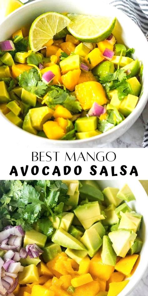 This easy Mango Avocado Salsa recipe is so flavorful, with its juicy ripe mango, creamy avocado, sharp onion, zesty lime, and herby cilantro. It is the perfect taco or burger topping. Cookout Recipes, Cooking Avocado, Mango Salsa Recipes, Mango Avocado Salsa, Healthy Sauces, Salsa Recipes, Side Order, Mango Avocado, Summer Cookout